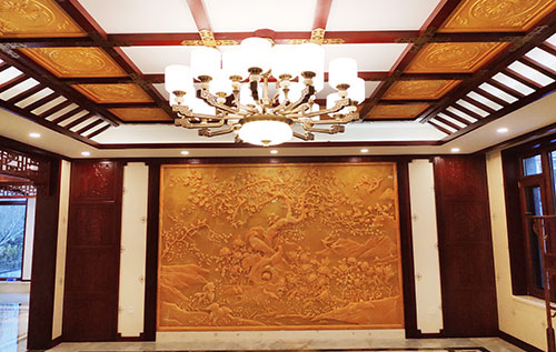 迎江中式别墅客厅中式木作横梁吊顶装饰展示